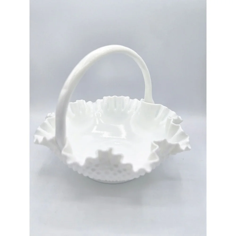 Vintage Fenton Milk Glass Hobnail‎ Basket - 12